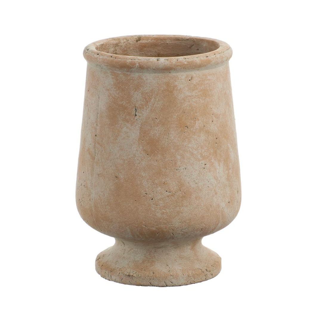 A rustic, textured ceramic vase in a warm sandy beige color, isolated on a white background.
