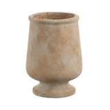A rustic, textured ceramic vase in a warm sandy beige color, isolated on a white background.