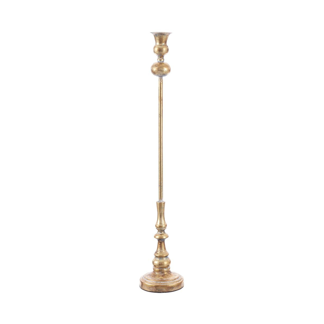 A tall, slender brass candlestick holder with a decorative tiered base and a flared top, shown against a plain white background.