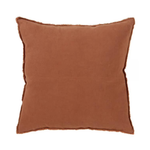 A square throw pillow in a warm rust brown color with a frayed, raw-edge trim, shown against a plain white background.