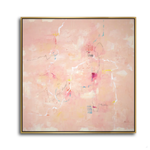 Hand-painted abstract artwork in blush pink with hints of coral, blue, and yellow, evoking soft floral tones, framed in Laguna Gold, 42x42 inches.