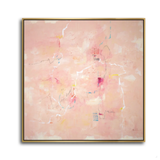Hand-painted abstract artwork in blush pink with hints of coral, blue, and yellow, evoking soft floral tones, framed in Laguna Gold, 42x42 inches.