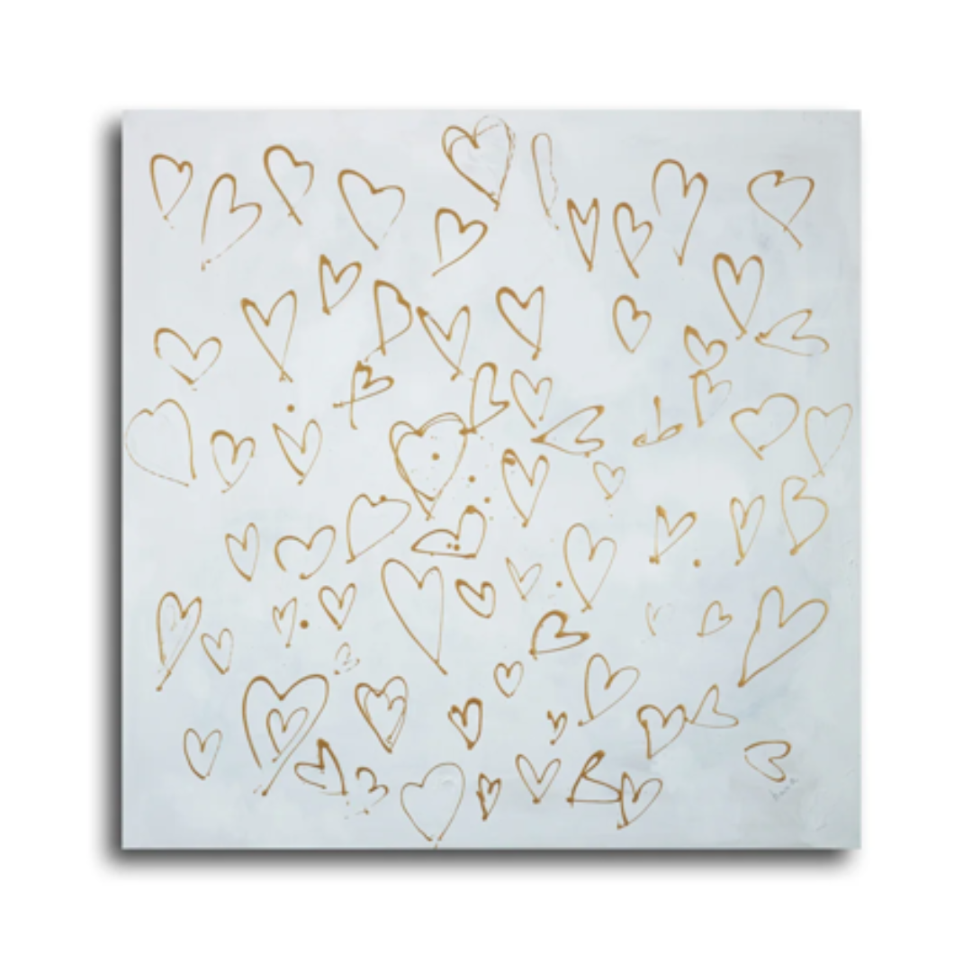 Hand-painted artwork featuring scattered gold hearts on a soft white background, gallery-wrapped on canvas, 40x40 inches