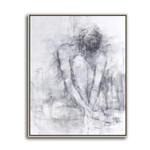 Abstract hand-painted artwork of a seated human figure in soft grey and white tones with a Laguna Silver frame, 40x50 inches.