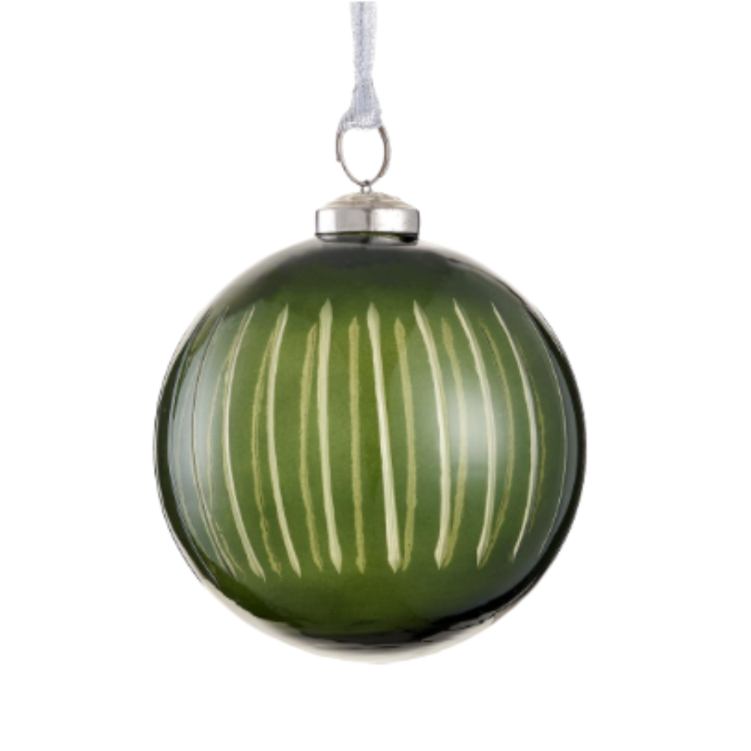 Green 4-inch glass ball ornament with vertical etched stripes and a silver top, hanging from a white ribbon on a white background.