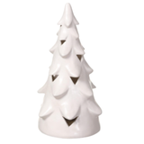 Glossy white ceramic light-up Christmas tree with sculpted layered branches and cutout glow, 9.5 inches tall, Scandinavian-inspired holiday decor on a white background