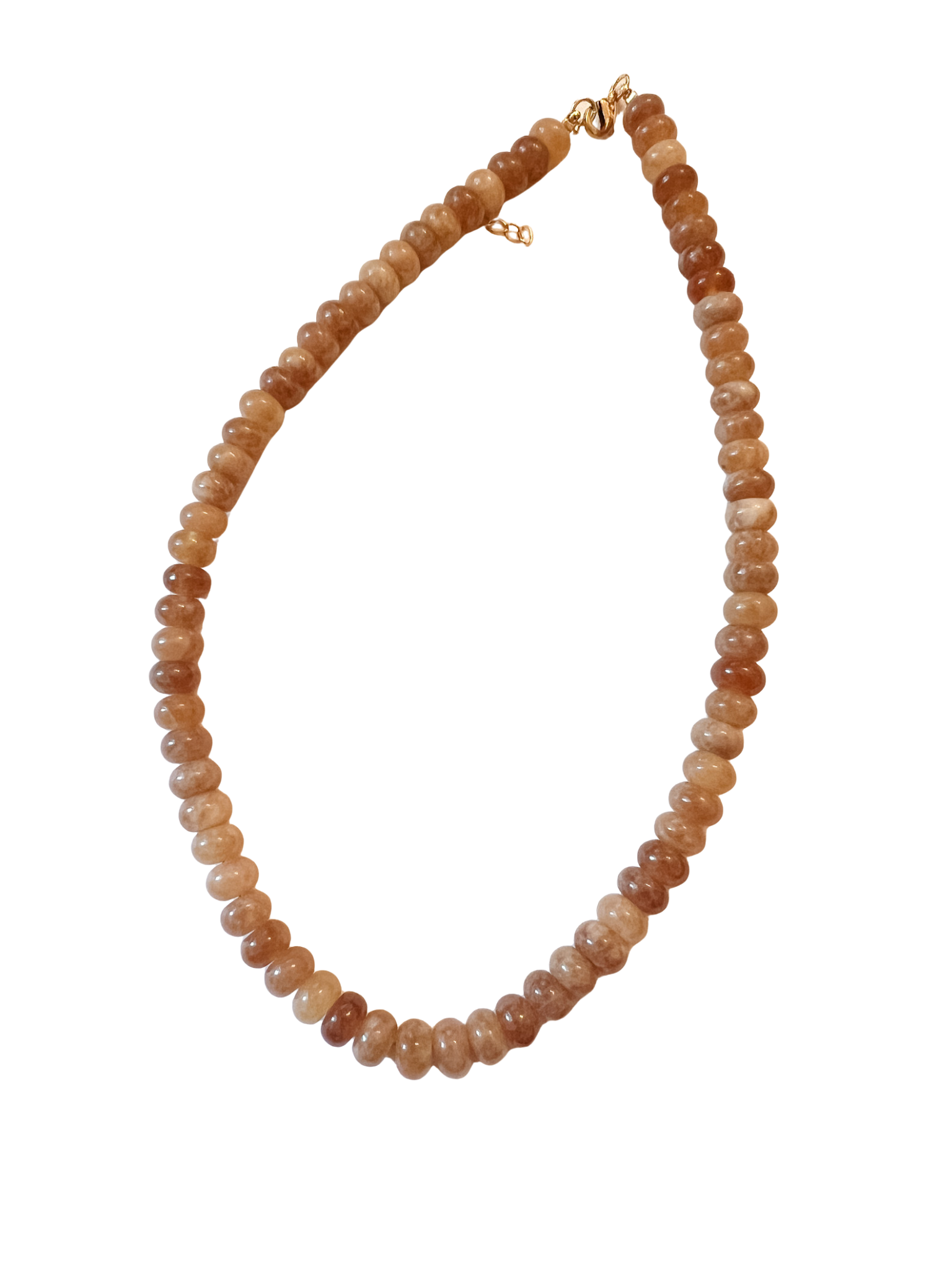 Beaded necklace with a gold clasp on a white background