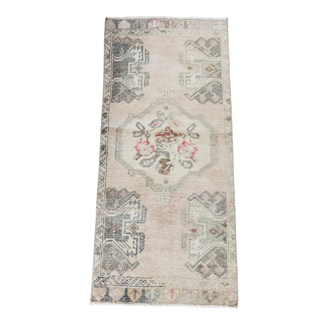 Vintage-style accent rug with soft medallion and floral pattern in warm ivory, blush, gray, and sage tones, 20 x 43 inches.