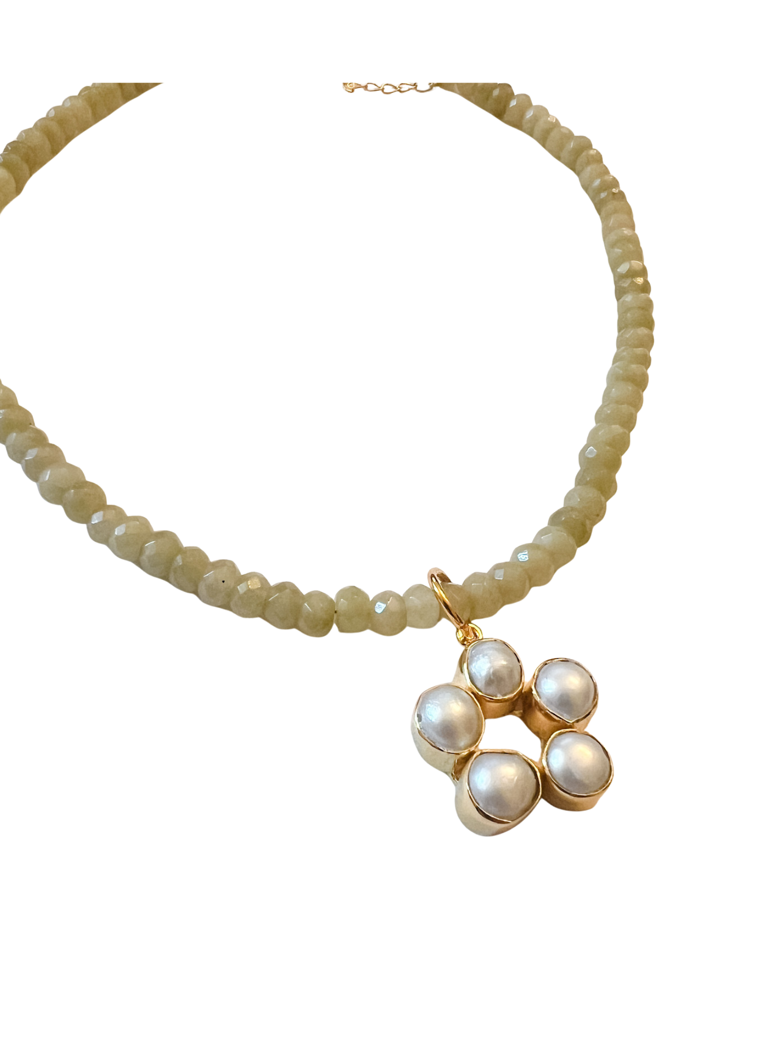 Moss green faceted beaded necklace with gold clasp and extender, shown worn alone and styled with a pearl charm pendant.