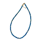 Josephine necklace with blue beaded chain, gold accents, and 1.5-inch extender, shown worn alone and styled with a gold charm
