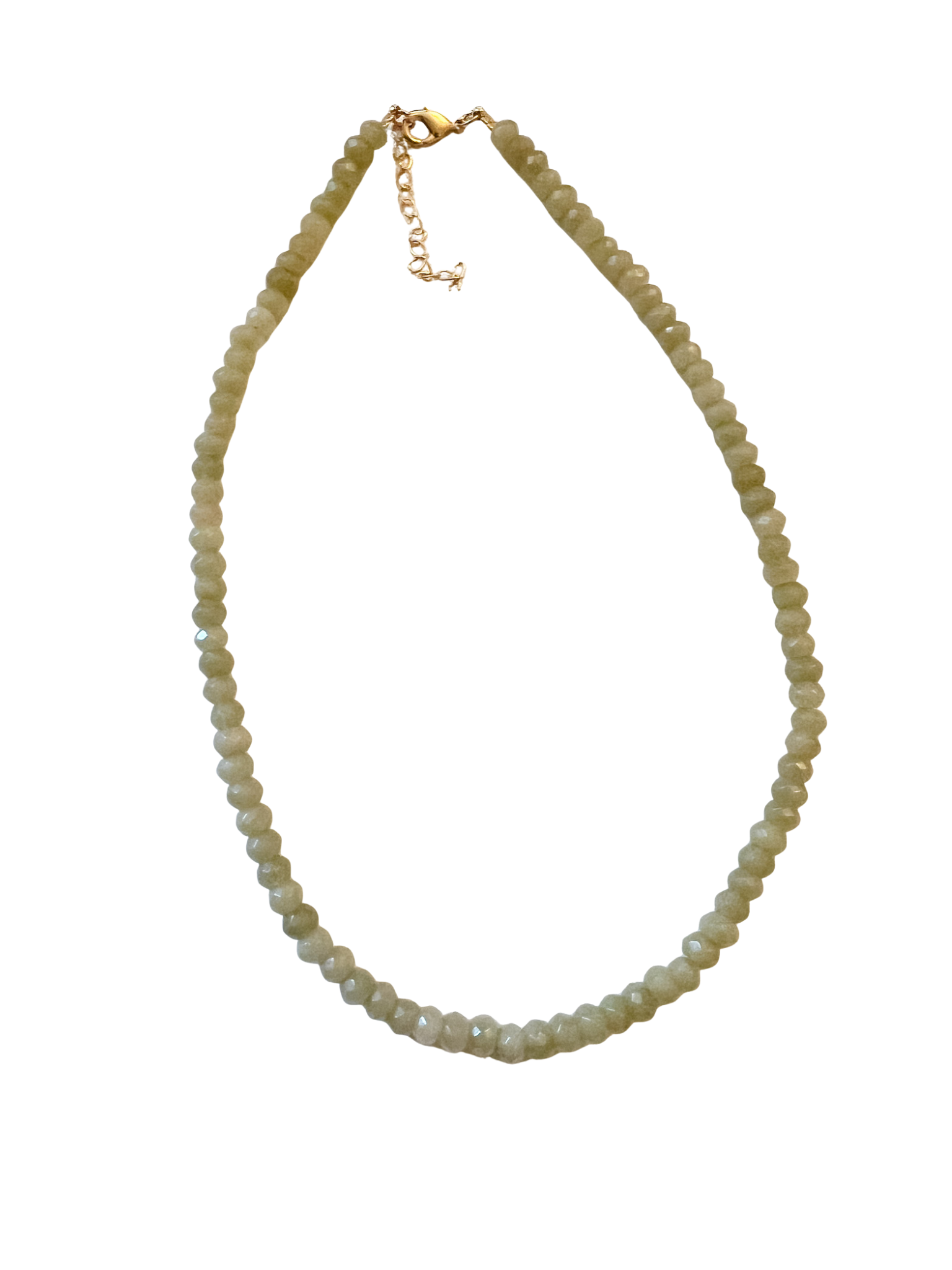 Moss green faceted beaded necklace with gold clasp and extender, shown worn alone 