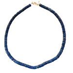 Blue beaded necklace with a gold clasp on a white background