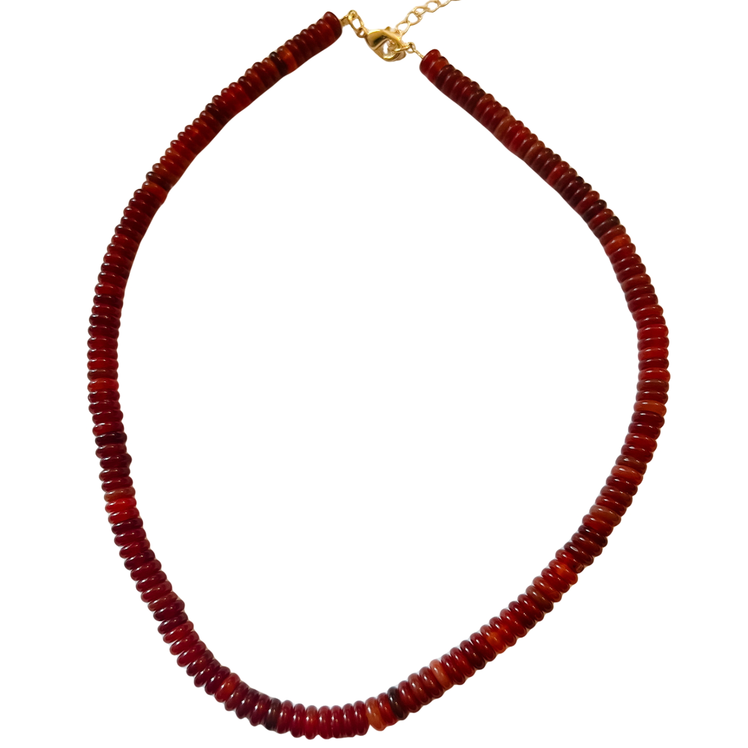 Red beaded necklace with a gold clasp on a white background
