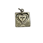Two-sided silver square charm featuring the number 41 on one side and a heart with a cross design on the reverse, photographed on a neutral background.
