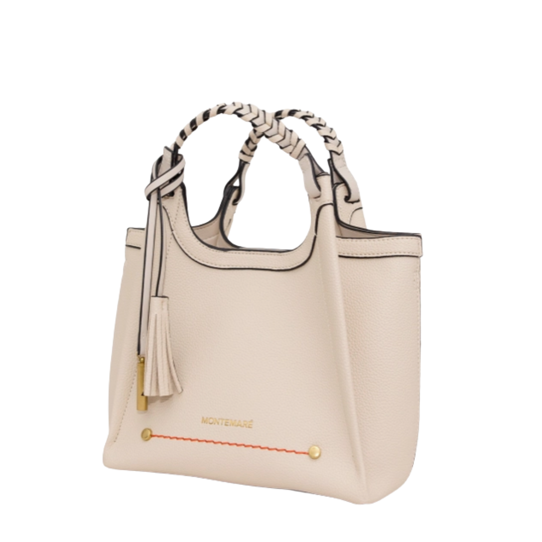 Beige handbag with a decorative handle on a white background