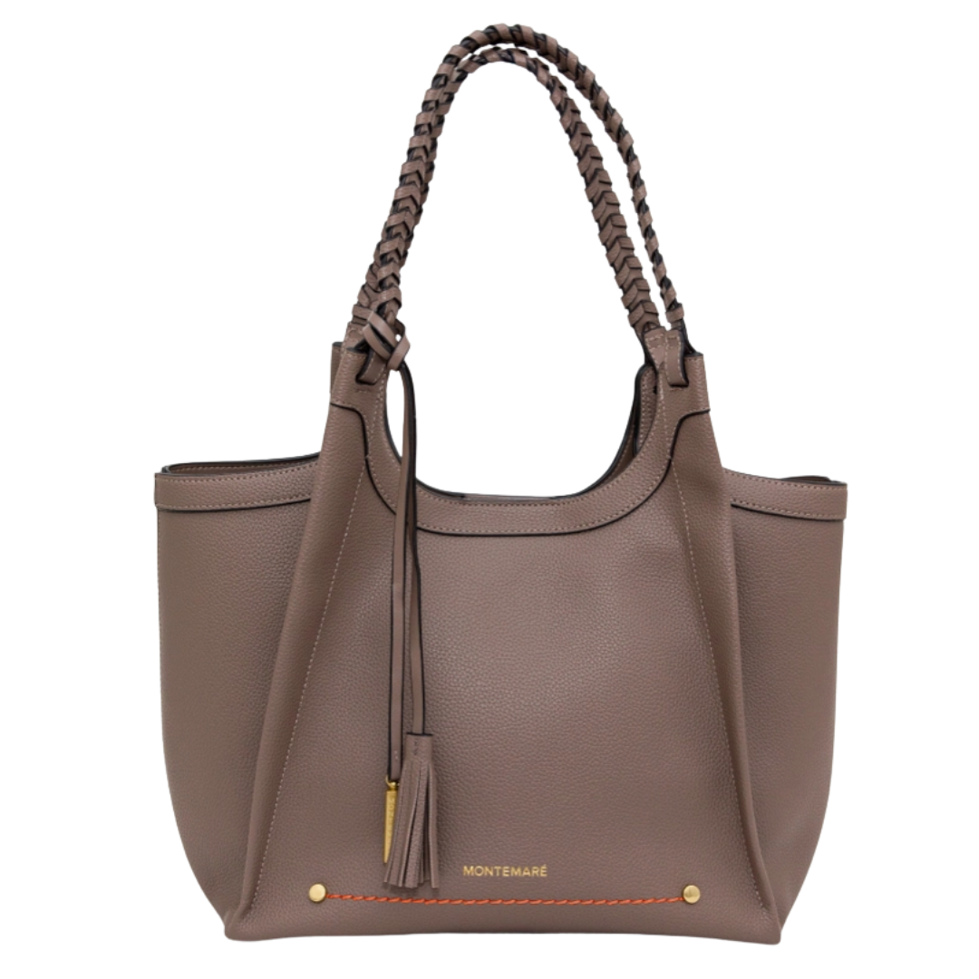 Brown handbag with braided handle and tassel on a white background
