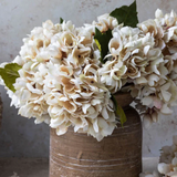 Decorative bouquet of white and beige flowers in a rustic vase against a neutral background