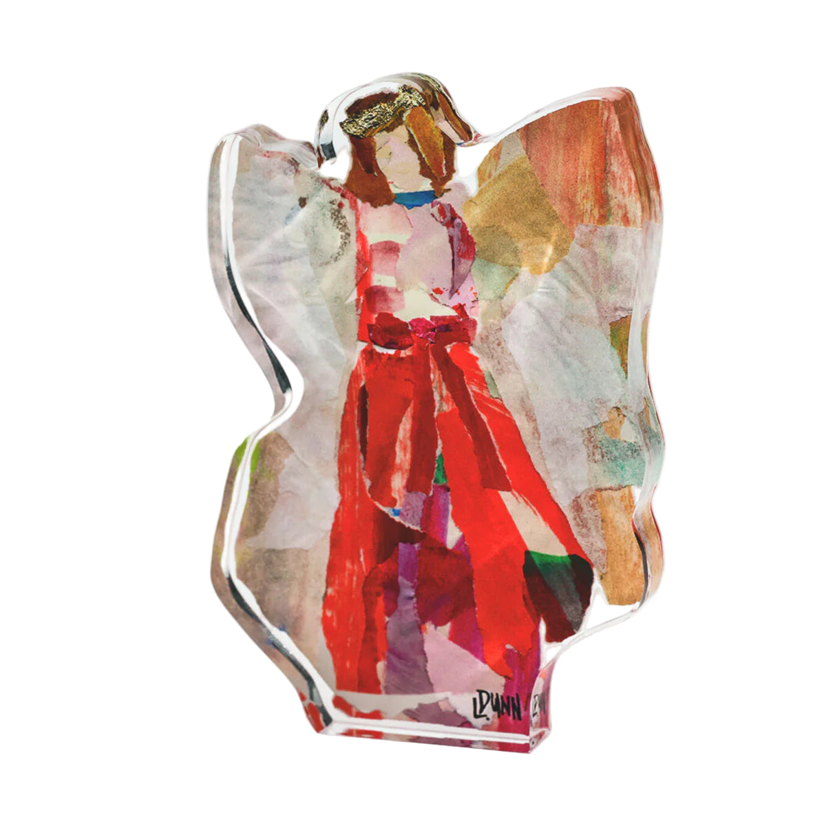 Colorful angel figurine with abstract design on a white background