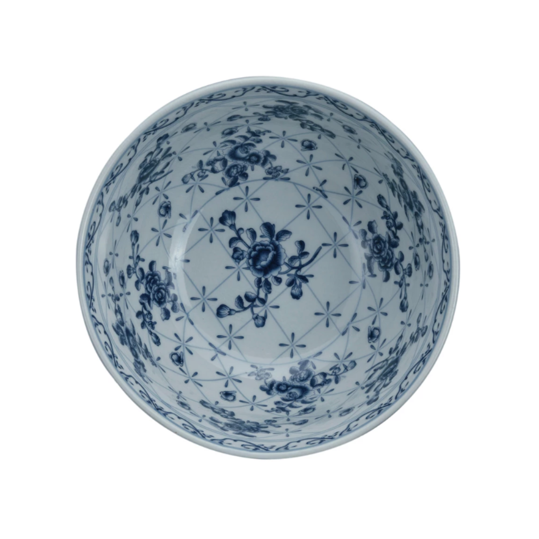 Hand-Stamped Stoneware Bowl w/ Botanicals, Crackle Glaze, Blue & White