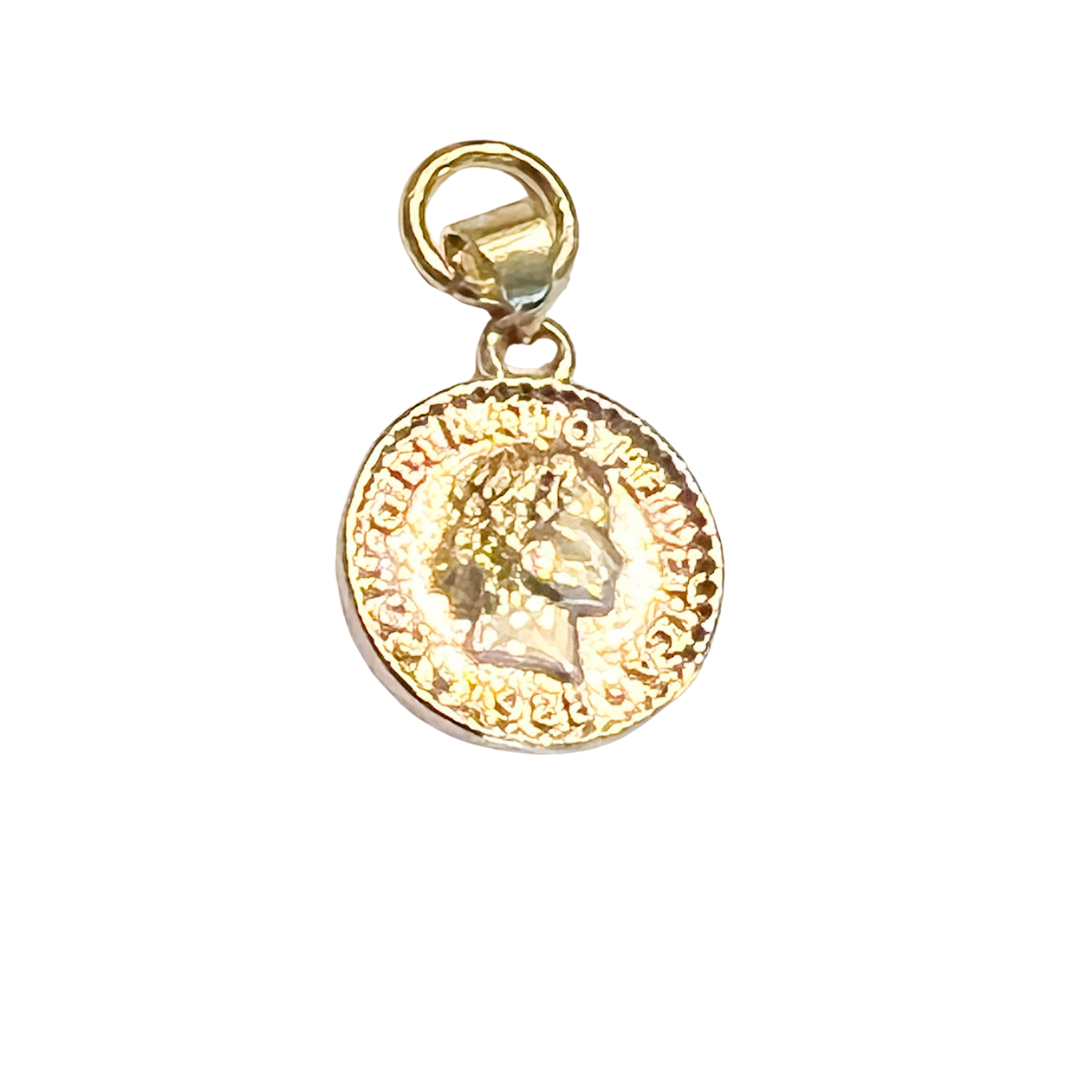 Gold-tone coin charm with raised profile and textured antique finish on a white background.