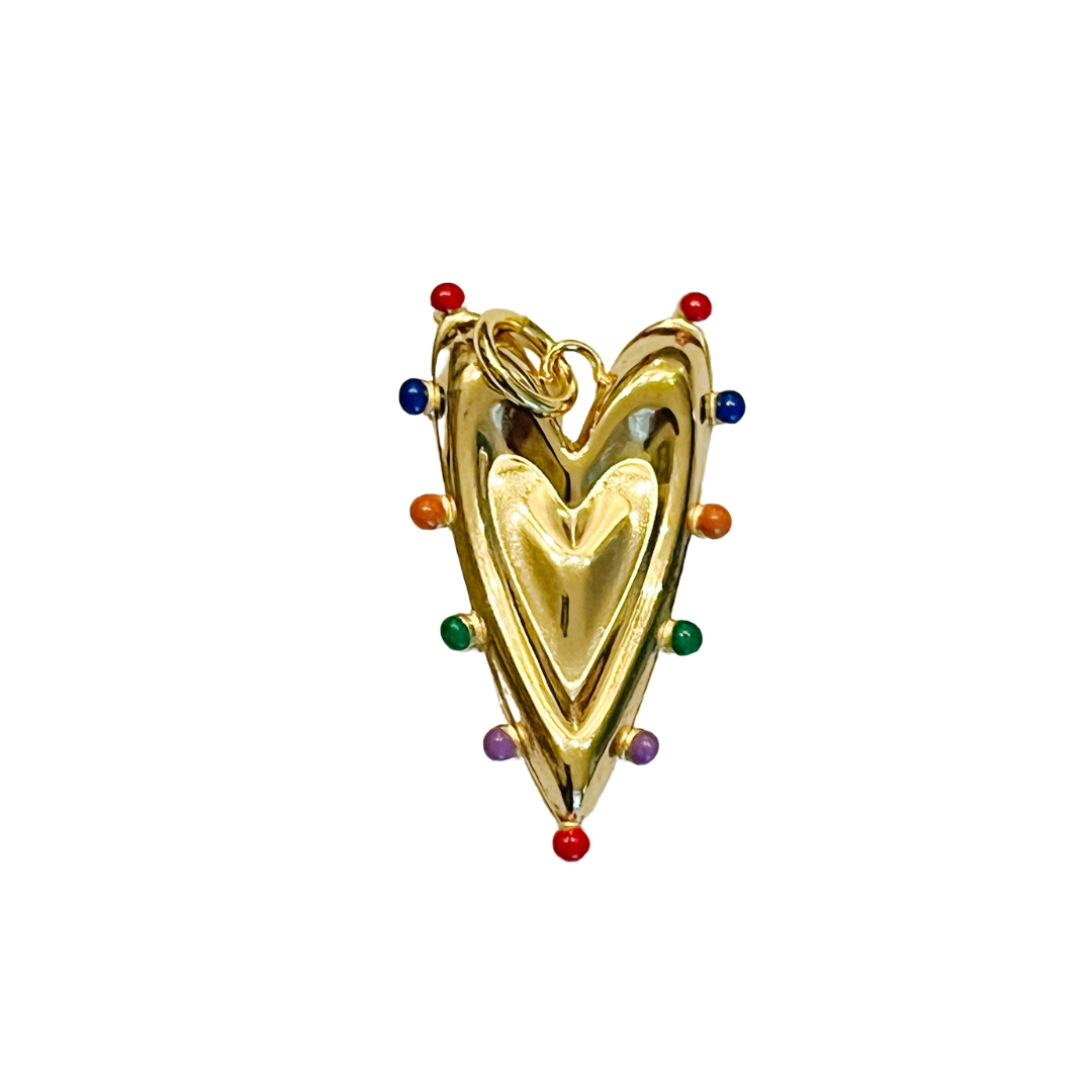 Gold heart charm with multicolored bead accents and classic attachment loop on a white background.