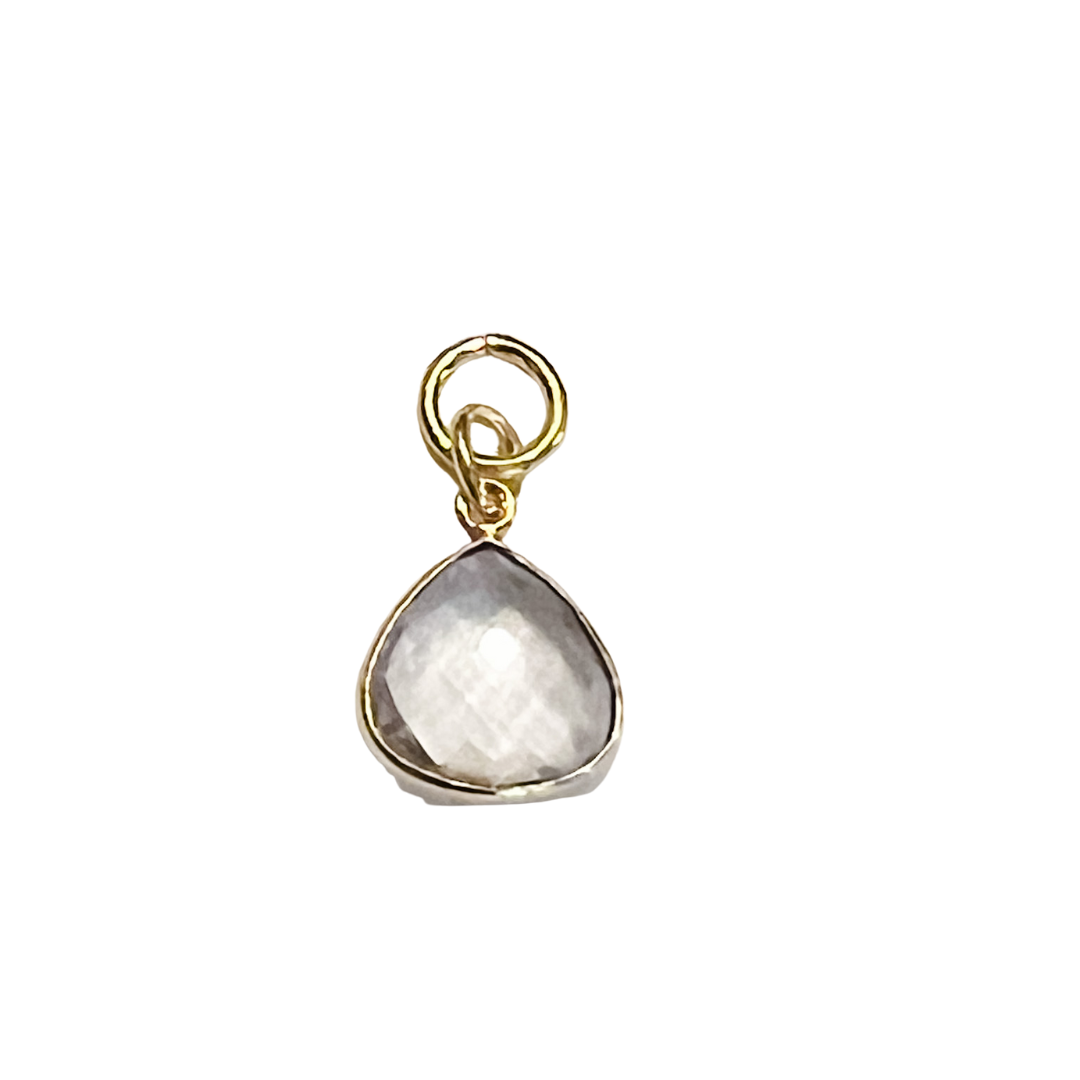 Faceted neutral teardrop stone charm with gold bezel and small attachment loop on a white background.