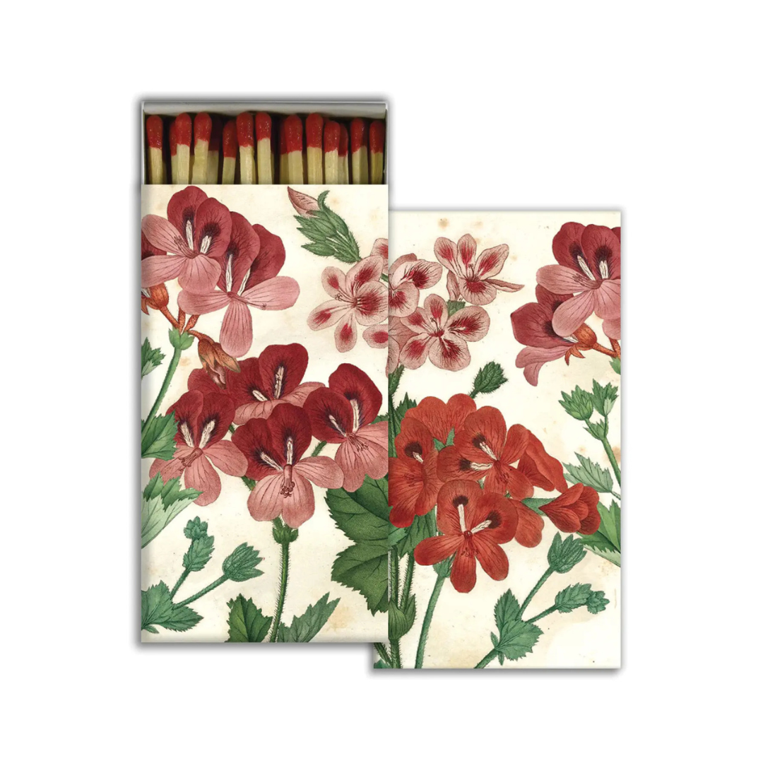 geraniums motif boxed matches, 50 matches