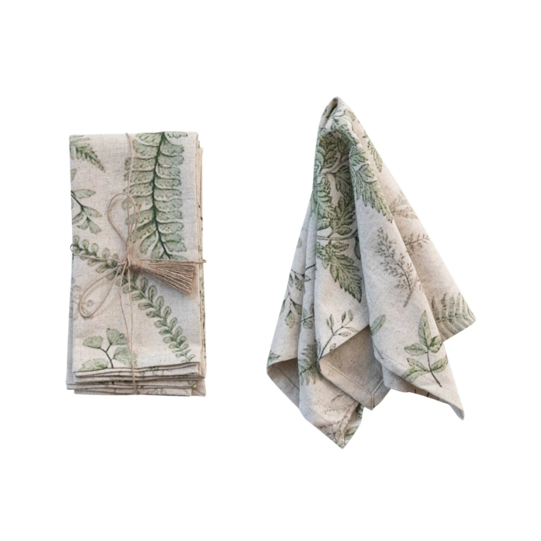 18" Square Cotton & Linen Printed Napkins w/ Botanical Print, Natural & Green, Set of 4