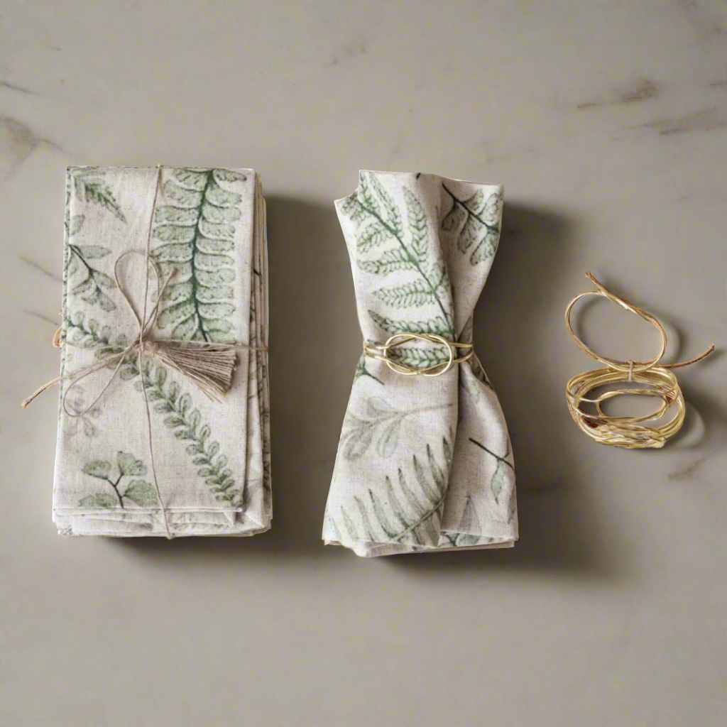 18" Square Cotton & Linen Printed Napkins w/ Botanical Print, Natural & Green, Set of 4