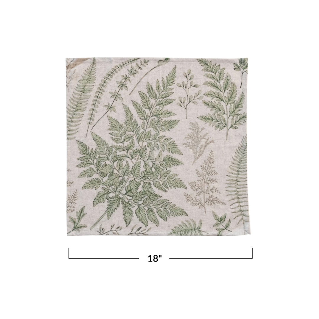 Measurements 18" Square Cotton & Linen Printed Napkins w/ Botanical Print, Natural & Green, Set of 4