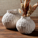 styled white woven ceramic round vase, two sizes