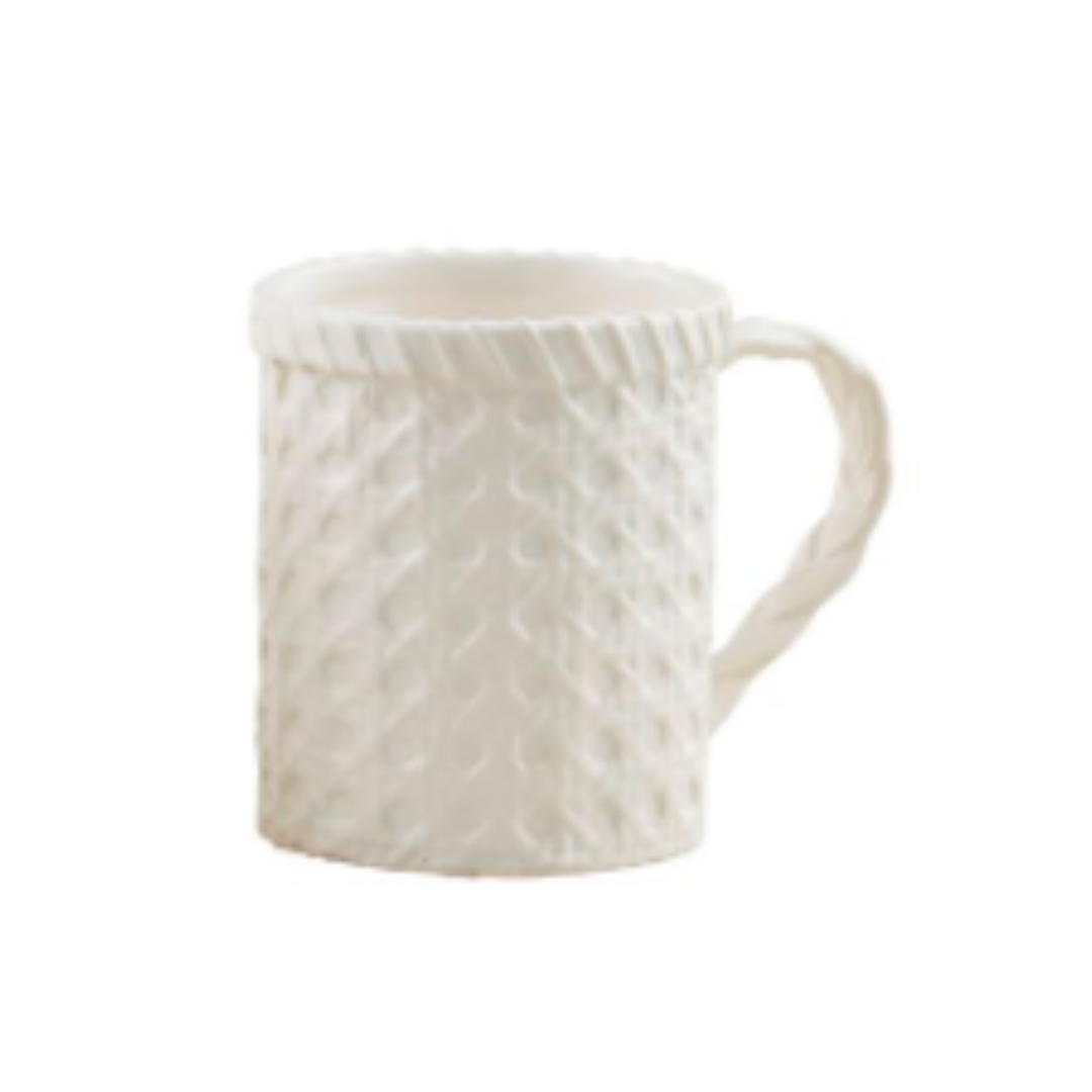 white woven ceramic mug, wrapped design