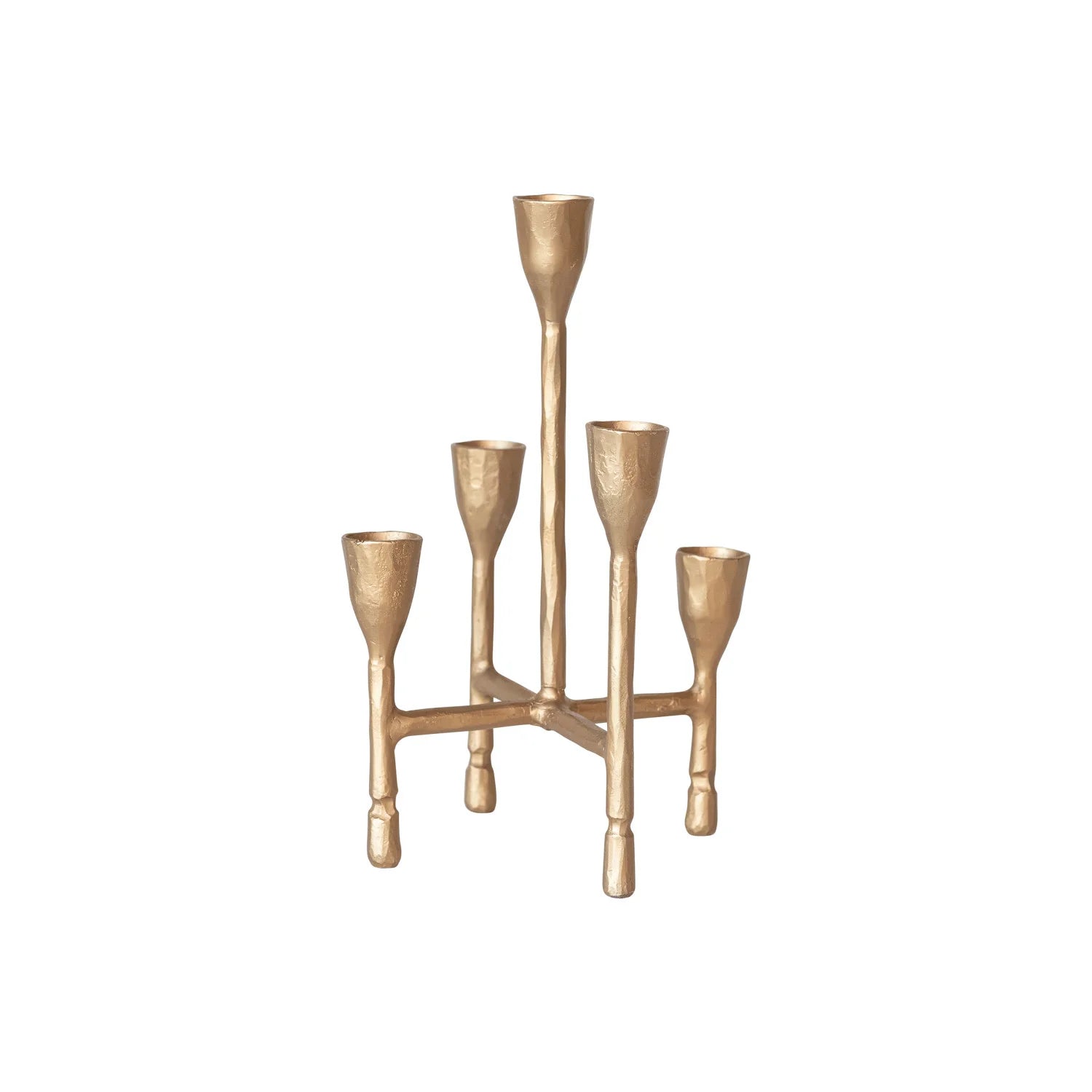 Gold candelabra with five candle holders on a white background