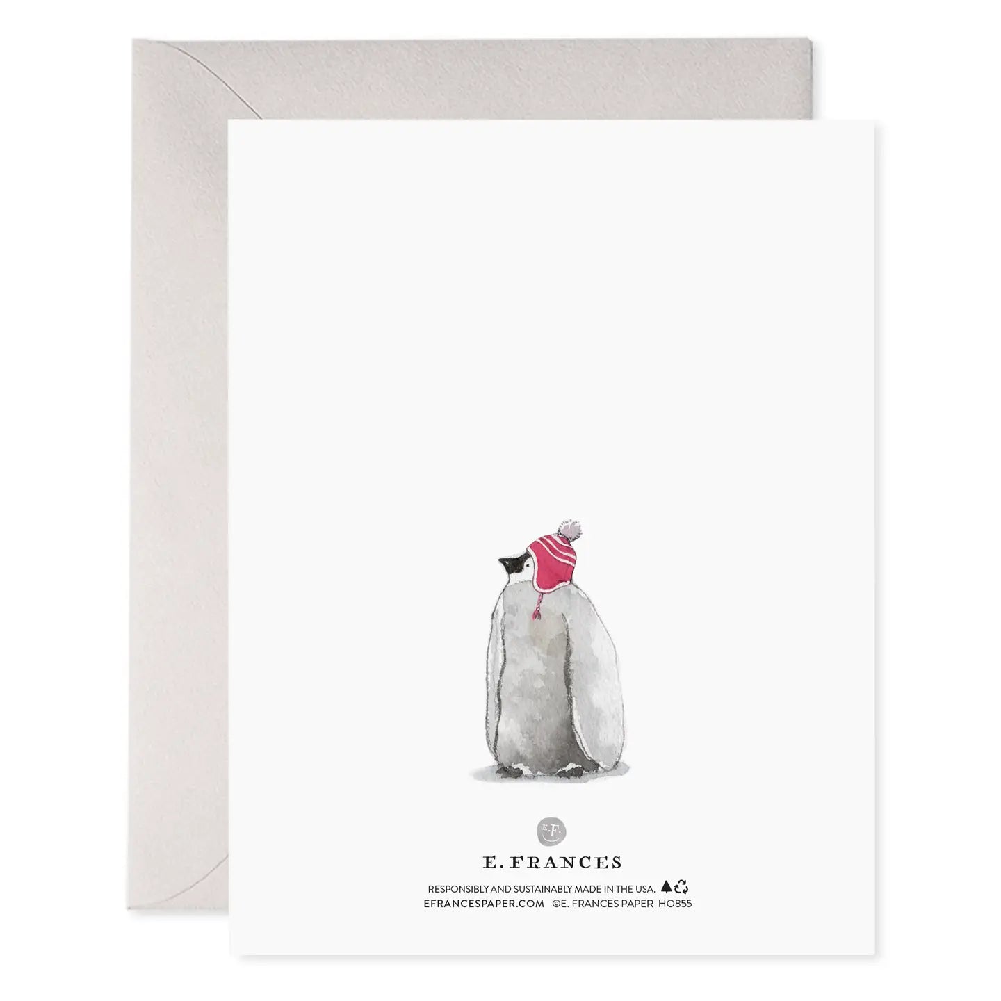Card with a penguin wearing a red hat and envelope on a white background, featuring the brand 'E. Frances'.