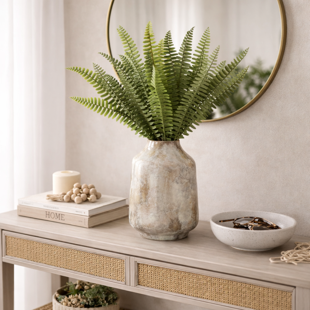 Decorative table with a vase of ferns, books, and a candle in a home setting.