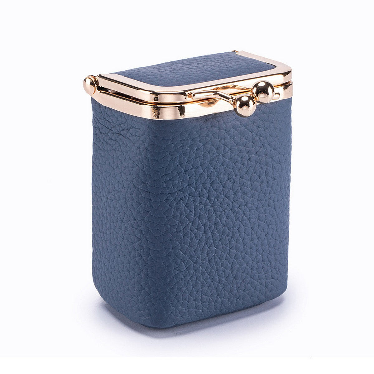 Blue textured jewelry box with gold accents on a white background