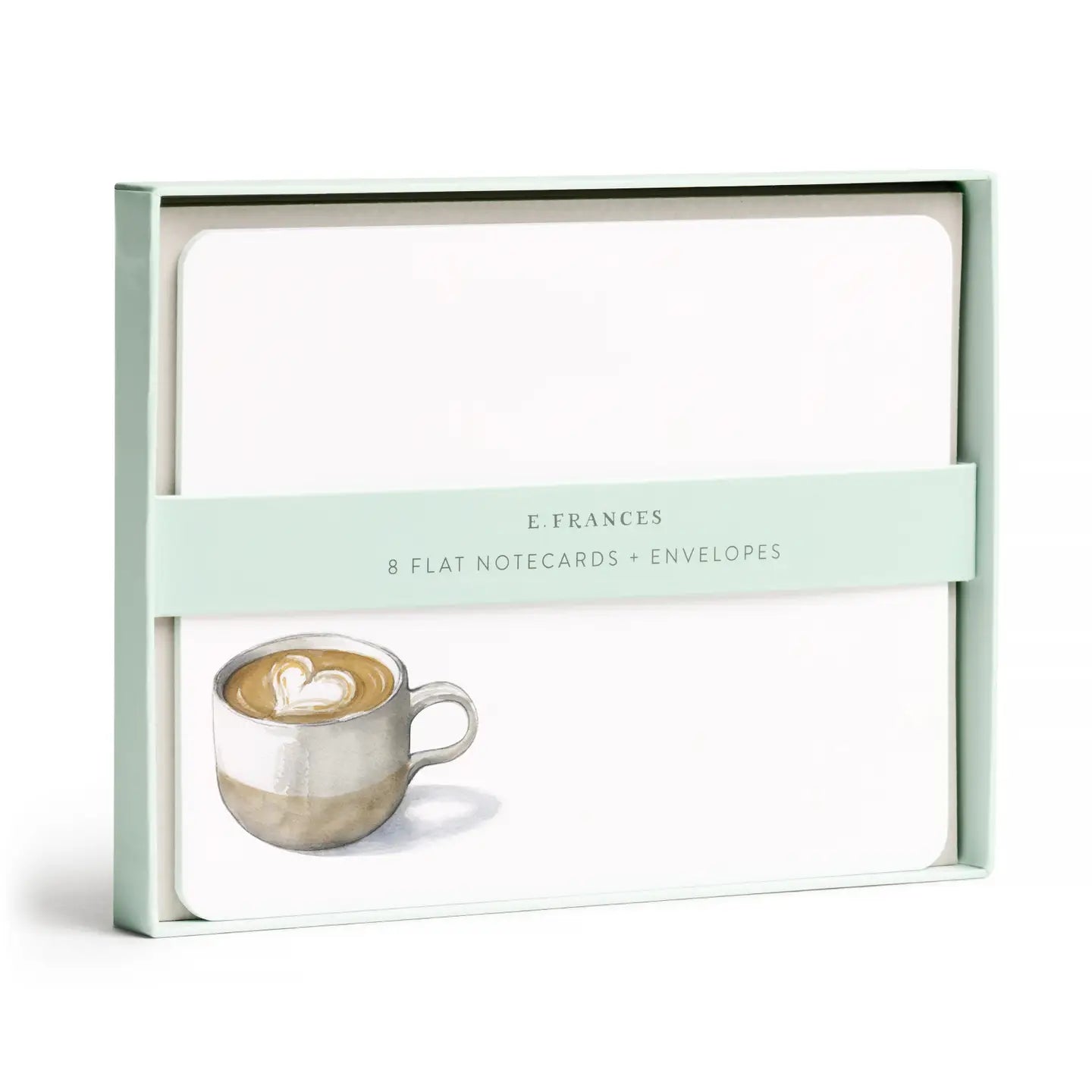 Packaging of E. Frances flat notecards with a cup of coffee illustration on a white background