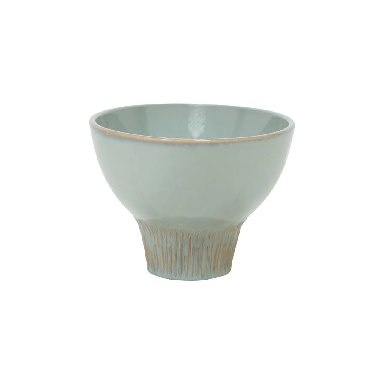 glazed ceramic wide flared  pedestal bowl with ribbed textured base on white background