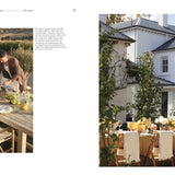 Two images showing outdoor dining setups with tables and chairs in a garden setting.