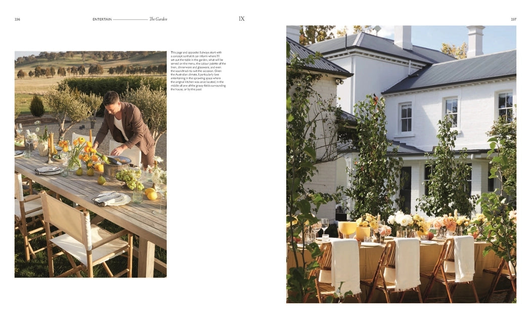 Two images showing outdoor dining setups with tables and chairs in a garden setting.