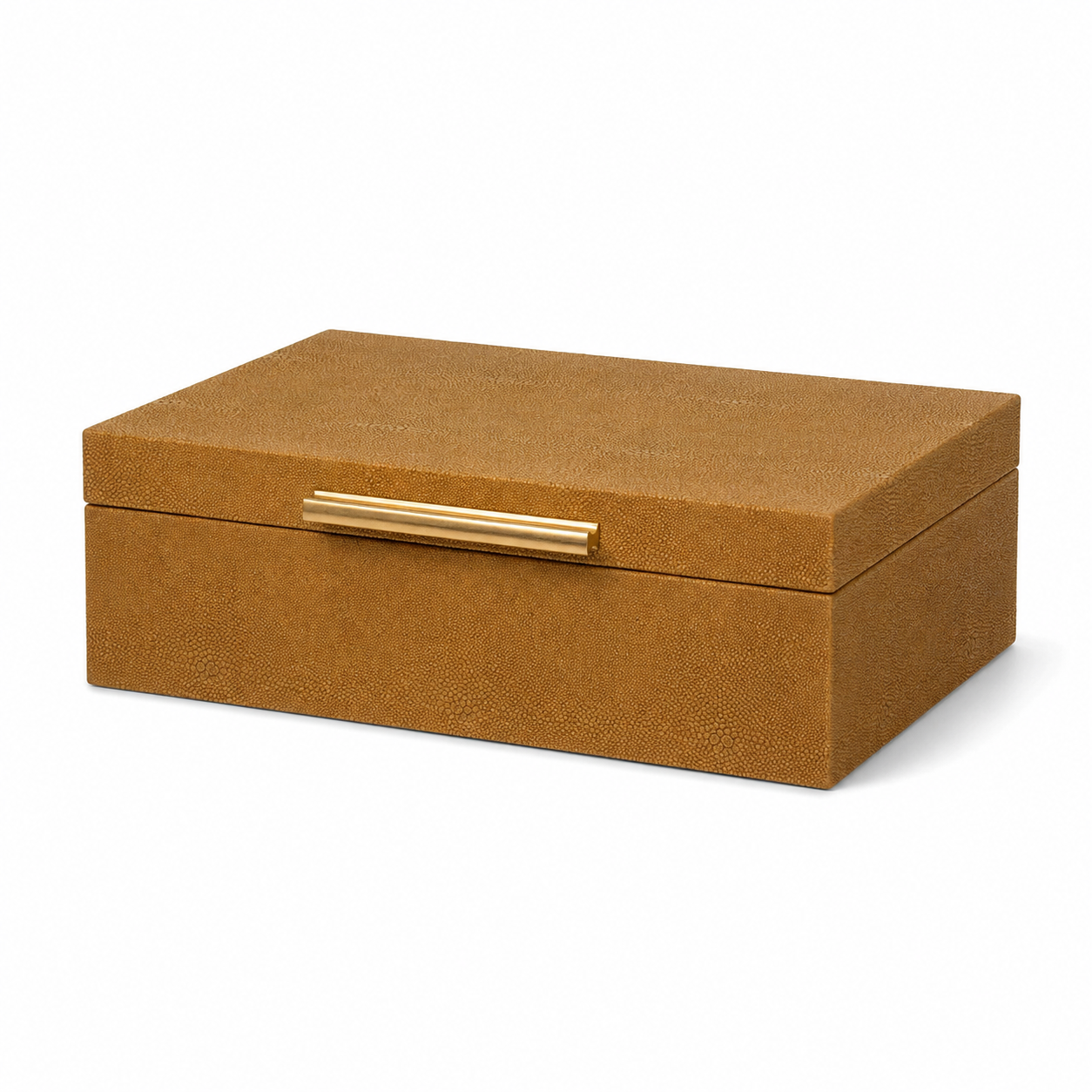 Brown textured jewelry box with a gold handle on a white background