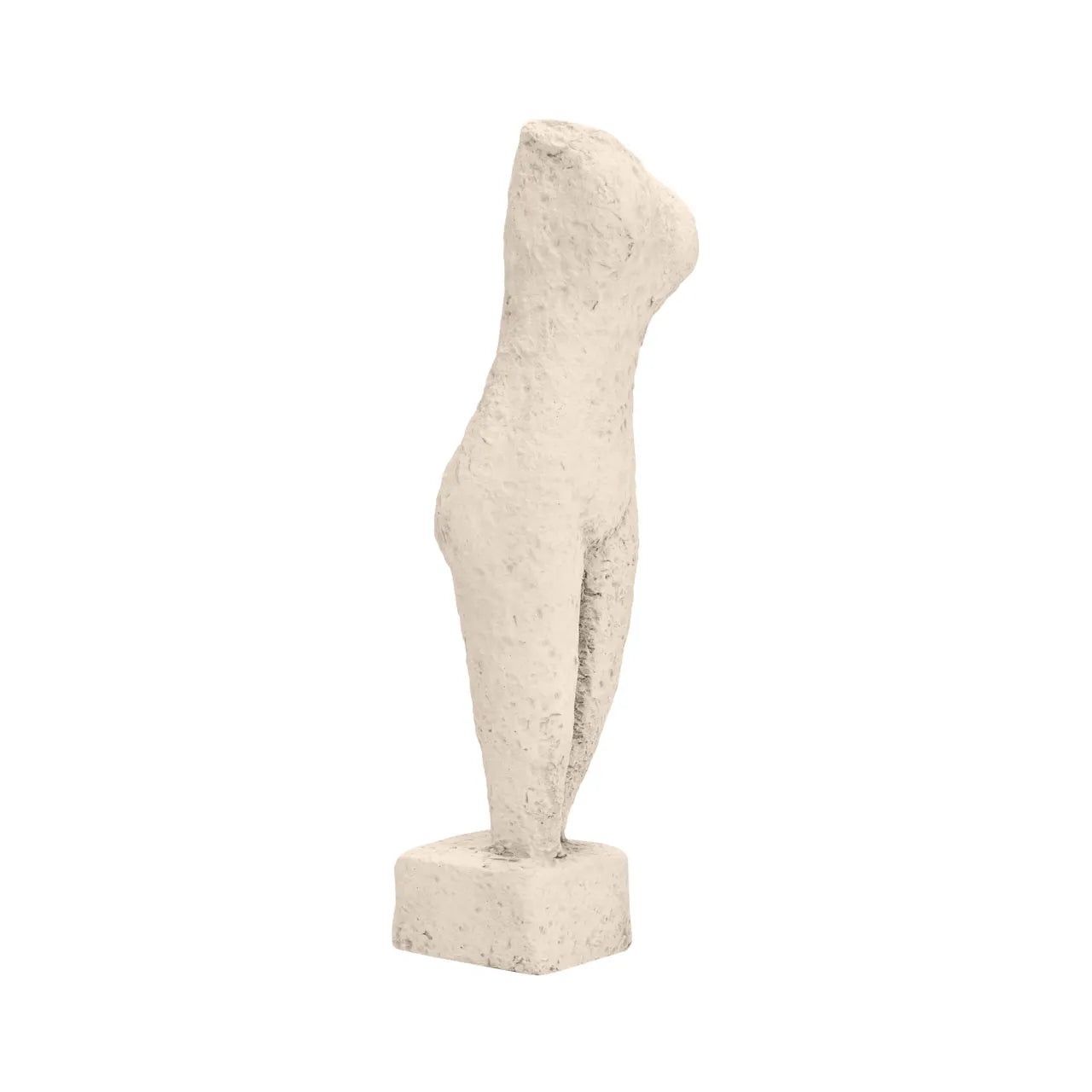 Abstract beige cement human body sculpture with an elongated silhouette, textured stone-like finish, and minimalist design on a rectangular base on white background