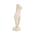 Abstract beige cement human body sculpture with an elongated silhouette, textured stone-like finish, and minimalist design on a rectangular base on white background