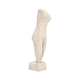 Abstract beige cement human body sculpture with an elongated silhouette, textured stone-like finish, and minimalist design on a rectangular base on white background