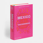 Pink cookbook titled 'Mexico: The Cookbook' by Phaidon on a light gray background