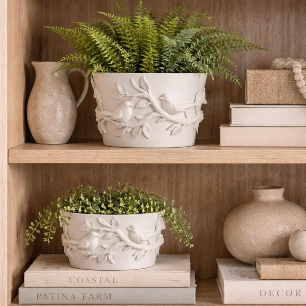 Decorative shelf with potted plants, books, and vases on a wooden shelf.