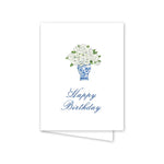 Greeting card with a blue and white vase of flowers and 'Happy Birthday' text on a white background