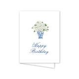 Greeting card with a blue and white vase of flowers and 'Happy Birthday' text on a white background