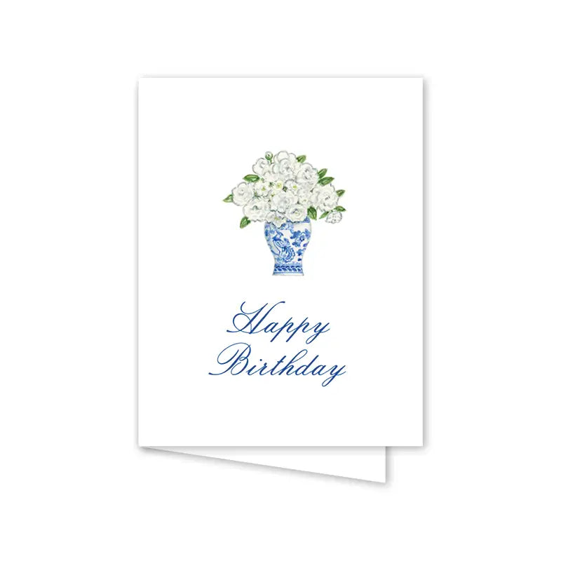 Greeting card with a blue and white vase of flowers and 'Happy Birthday' text on a white background