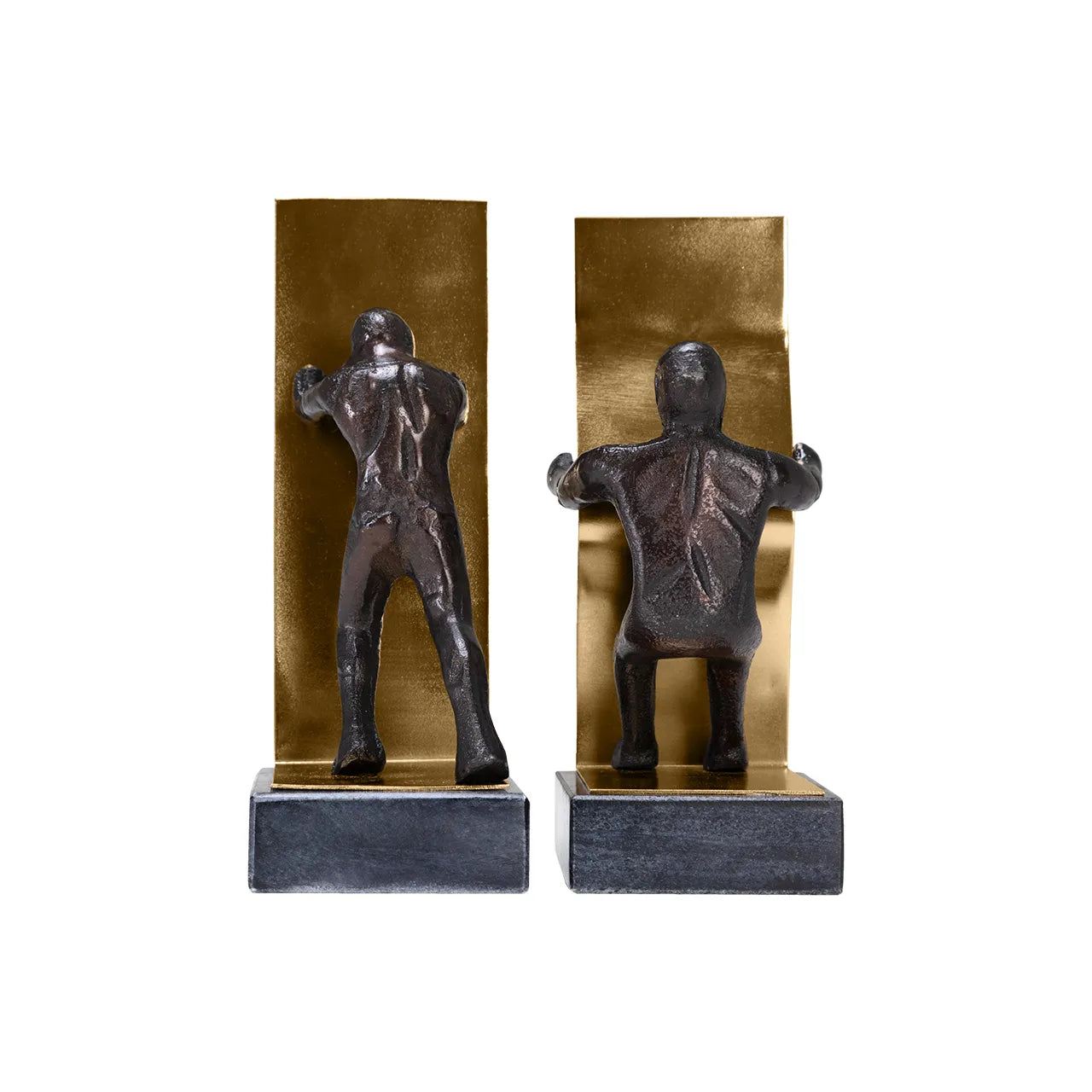 Rodari Bookends showing two figures pushing and pulling on white background